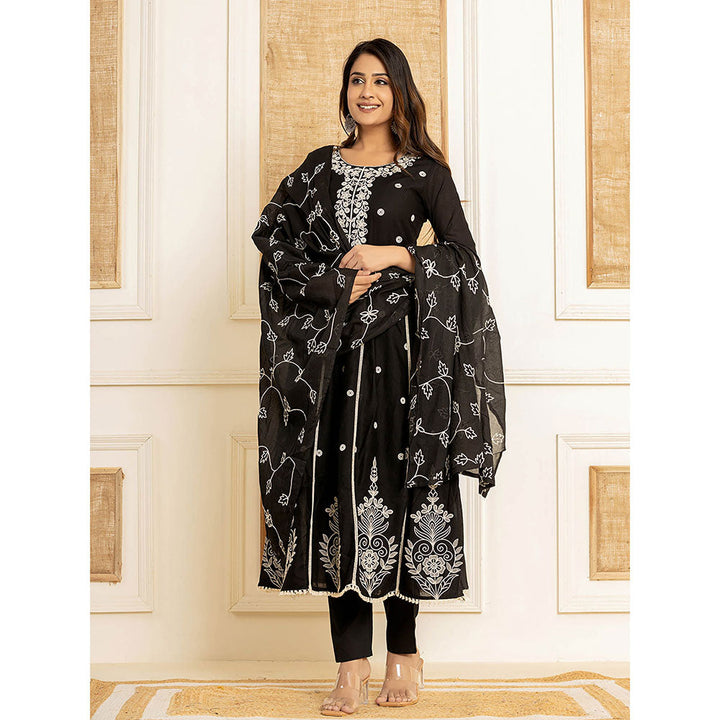 Yufta Black Cotton Embroidered Kurta with Trouser and Dupatta (Set of 3)