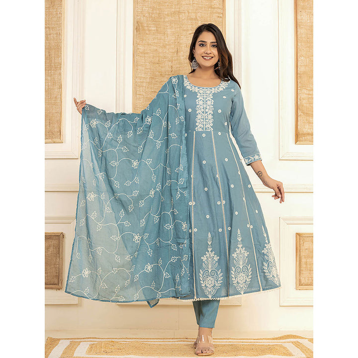 Yufta Blue Cotton Embroidered Kurta with Trouser and Dupatta (Set of 3)