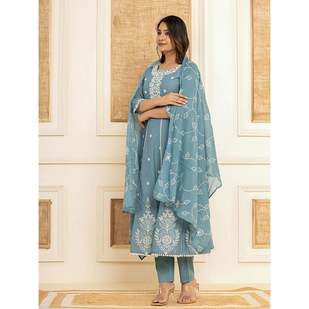 Yufta Blue Cotton Embroidered Kurta with Trouser and Dupatta (Set of 3)