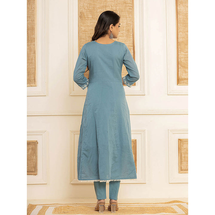 Yufta Blue Cotton Embroidered Kurta with Trouser and Dupatta (Set of 3)