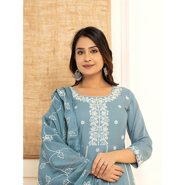 Yufta Blue Cotton Embroidered Kurta with Trouser and Dupatta (Set of 3)