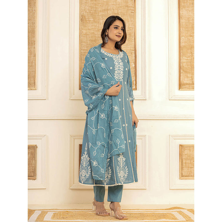 Yufta Blue Cotton Embroidered Kurta with Trouser and Dupatta (Set of 3)