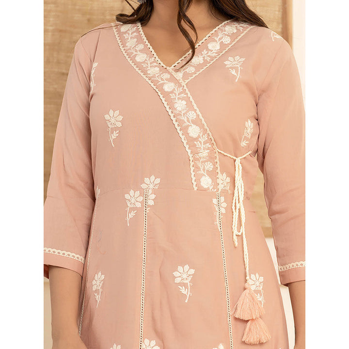 Yufta Peach Cotton Embroidered Kurta with Trouser and Dupatta (Set of 3)