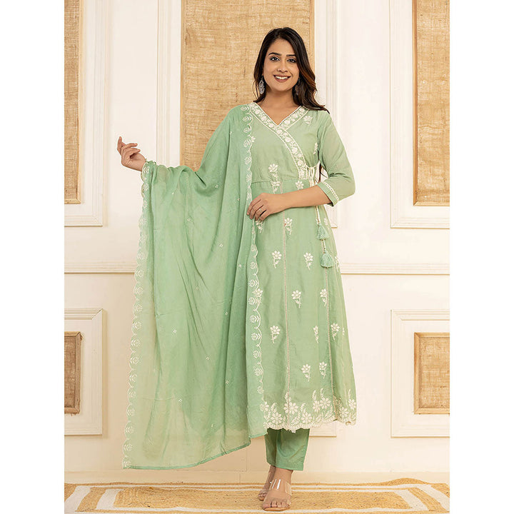 Yufta Sea Green Cotton Embroidered Kurta with Trouser and Dupatta (Set of 3)