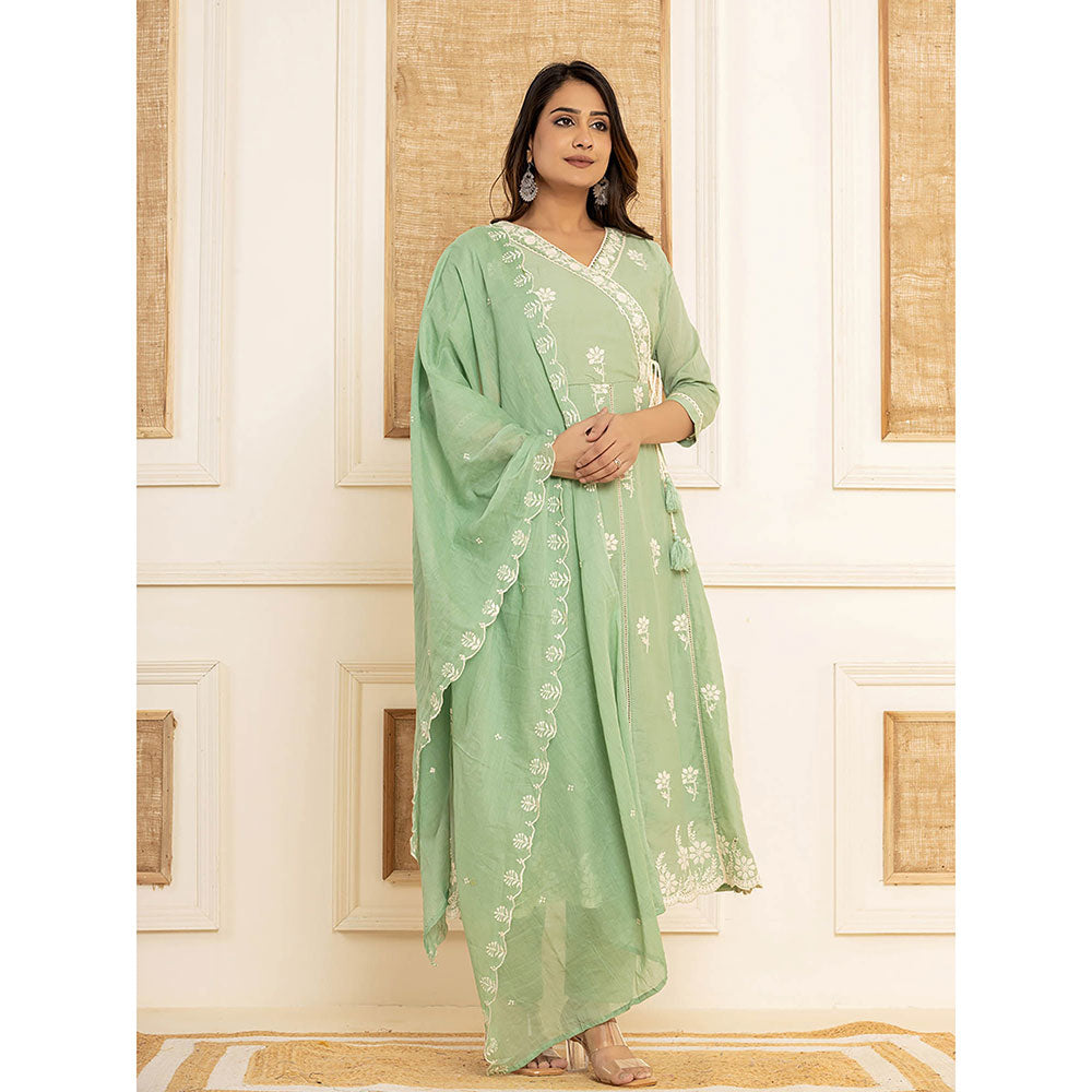 Yufta Sea Green Cotton Embroidered Kurta with Trouser and Dupatta (Set of 3)