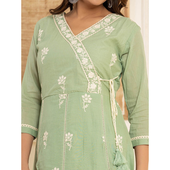 Yufta Sea Green Cotton Embroidered Kurta with Trouser and Dupatta (Set of 3)