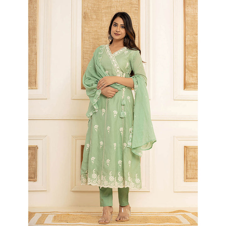 Yufta Sea Green Cotton Embroidered Kurta with Trouser and Dupatta (Set of 3)