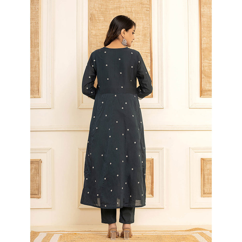 Yufta Navy Blue Cotton Embroidered Kurta with Trouser and Dupatta (Set of 3)