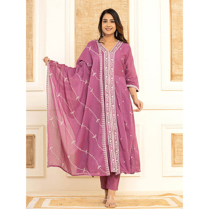 Yufta Purple Cotton Embroidered Kurta with Trouser and Dupatta (Set of 3)