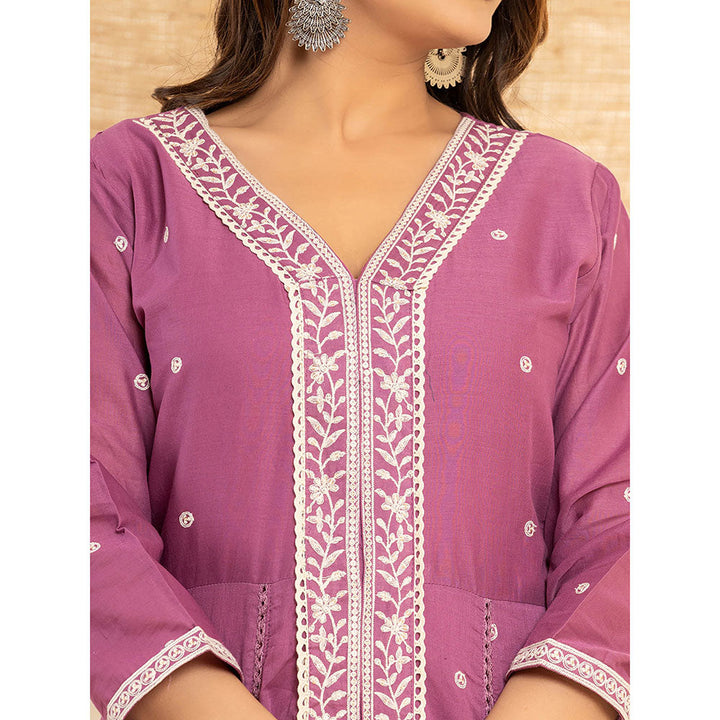 Yufta Purple Cotton Embroidered Kurta with Trouser and Dupatta (Set of 3)