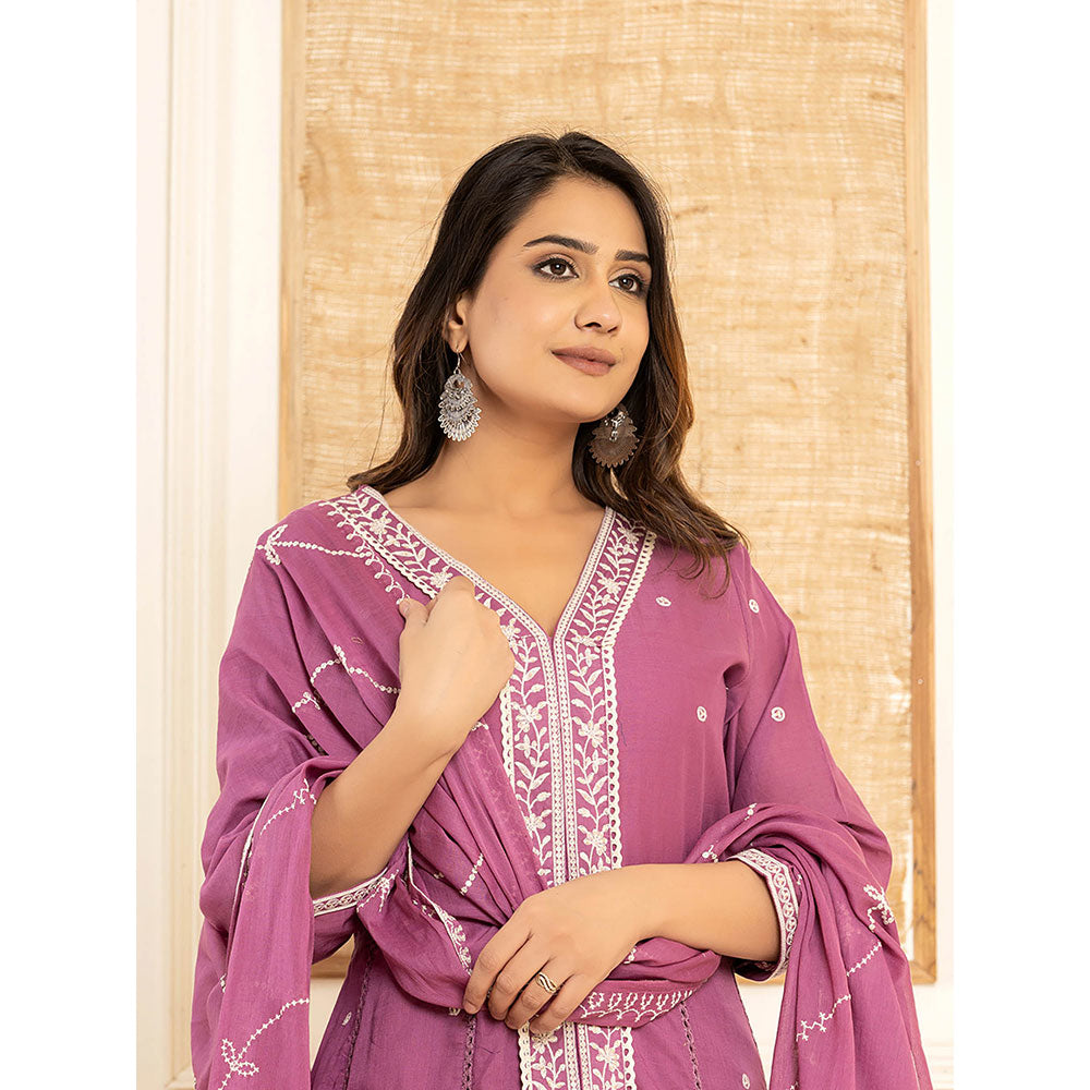 Yufta Purple Cotton Embroidered Kurta with Trouser and Dupatta (Set of 3)