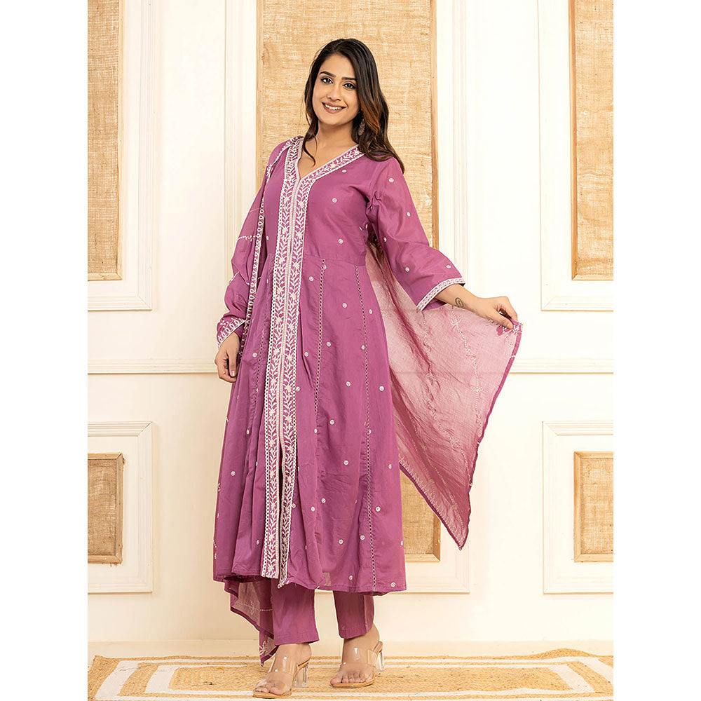 Yufta Purple Cotton Embroidered Kurta with Trouser and Dupatta (Set of 3)