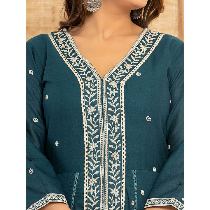 Yufta Teal Blue Cotton Embroidered Kurta with Trouser and Dupatta (Set of 3)