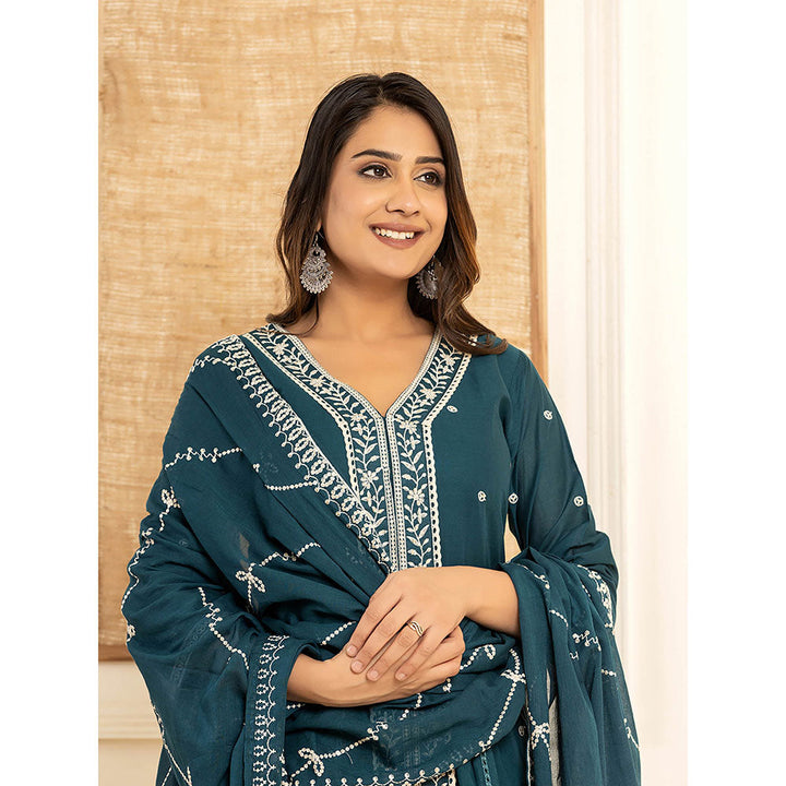 Yufta Teal Blue Cotton Embroidered Kurta with Trouser and Dupatta (Set of 3)