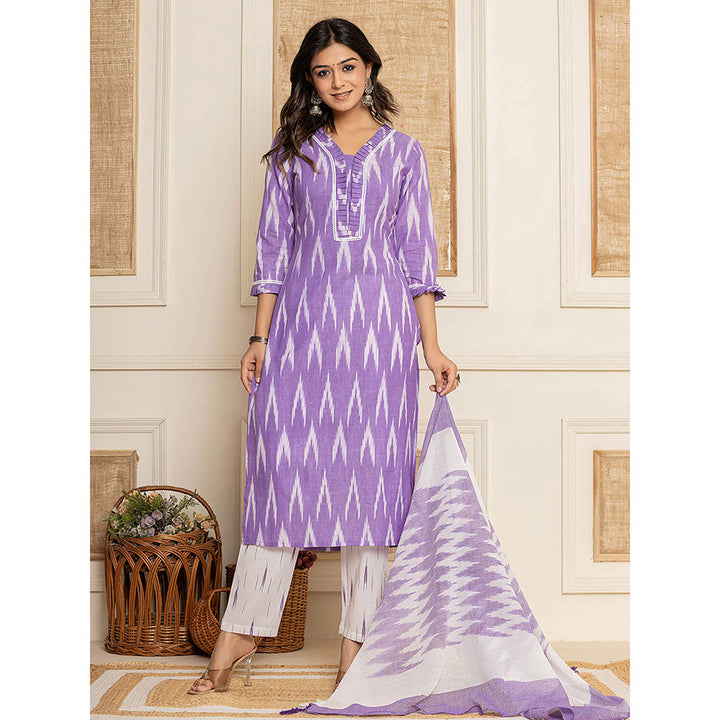 Yufta Purple Ikat Print Straight Strappy Kurta Trouser and Dupatta (Set of 3)