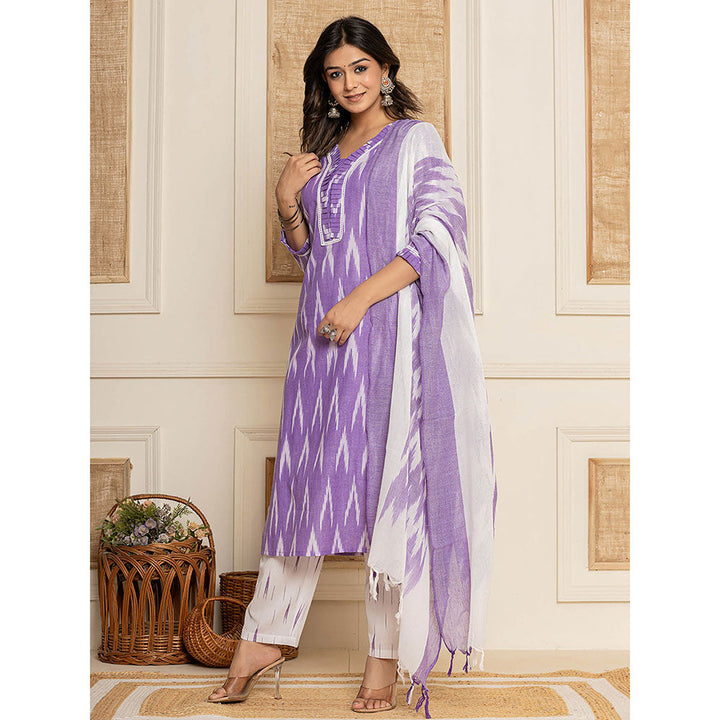 Yufta Purple Ikat Print Straight Strappy Kurta Trouser and Dupatta (Set of 3)