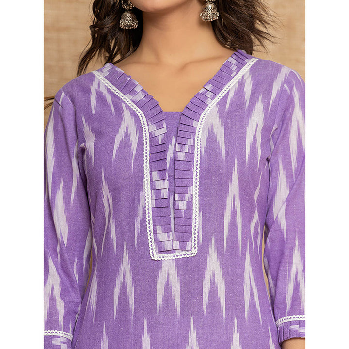 Yufta Purple Ikat Print Straight Strappy Kurta Trouser and Dupatta (Set of 3)