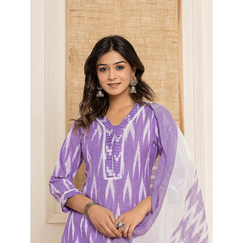 Yufta Purple Ikat Print Straight Strappy Kurta Trouser and Dupatta (Set of 3)