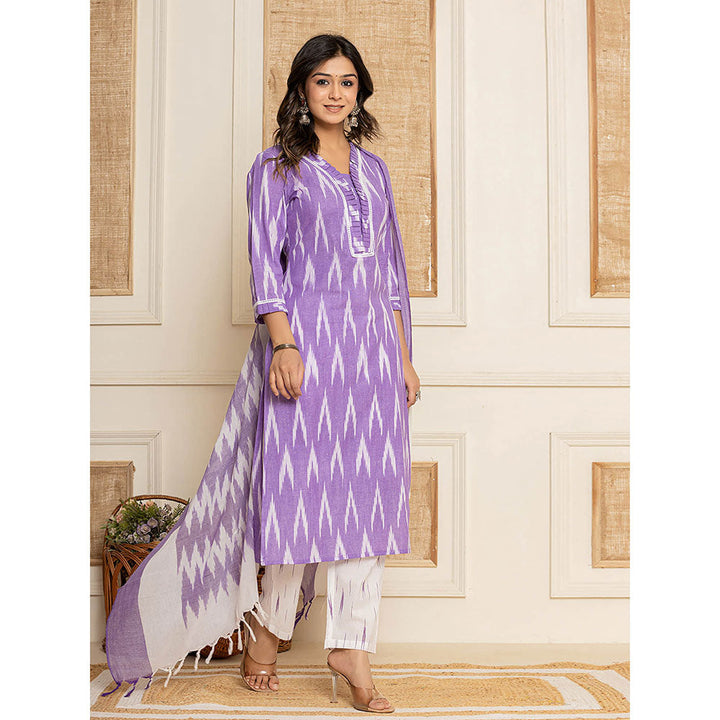 Yufta Purple Ikat Print Straight Strappy Kurta Trouser and Dupatta (Set of 3)