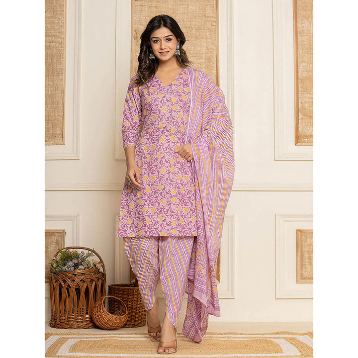 Yufta Lavender Floral Print Cotton Straight Style Kurta and Dhoti Pant with Dupatta (Set of 3)