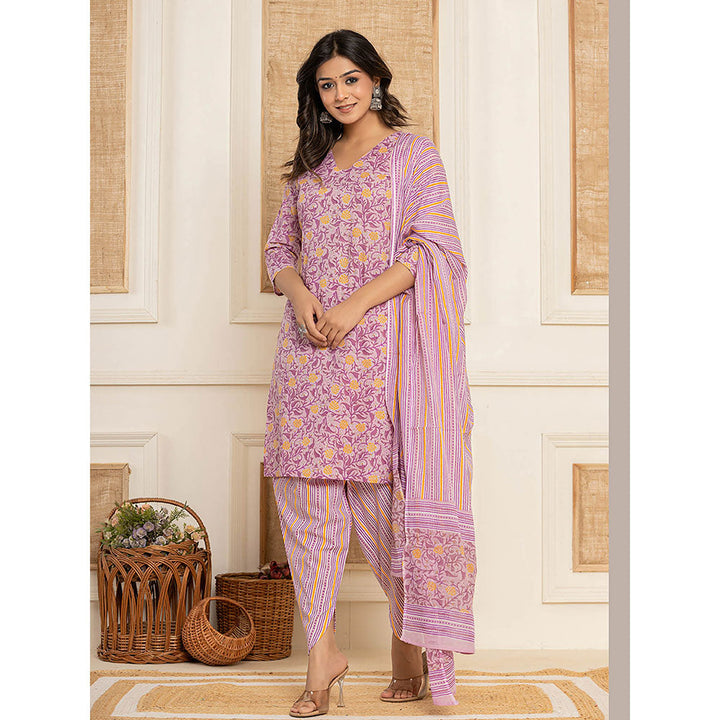 Yufta Lavender Floral Print Cotton Straight Style Kurta and Dhoti Pant with Dupatta (Set of 3)