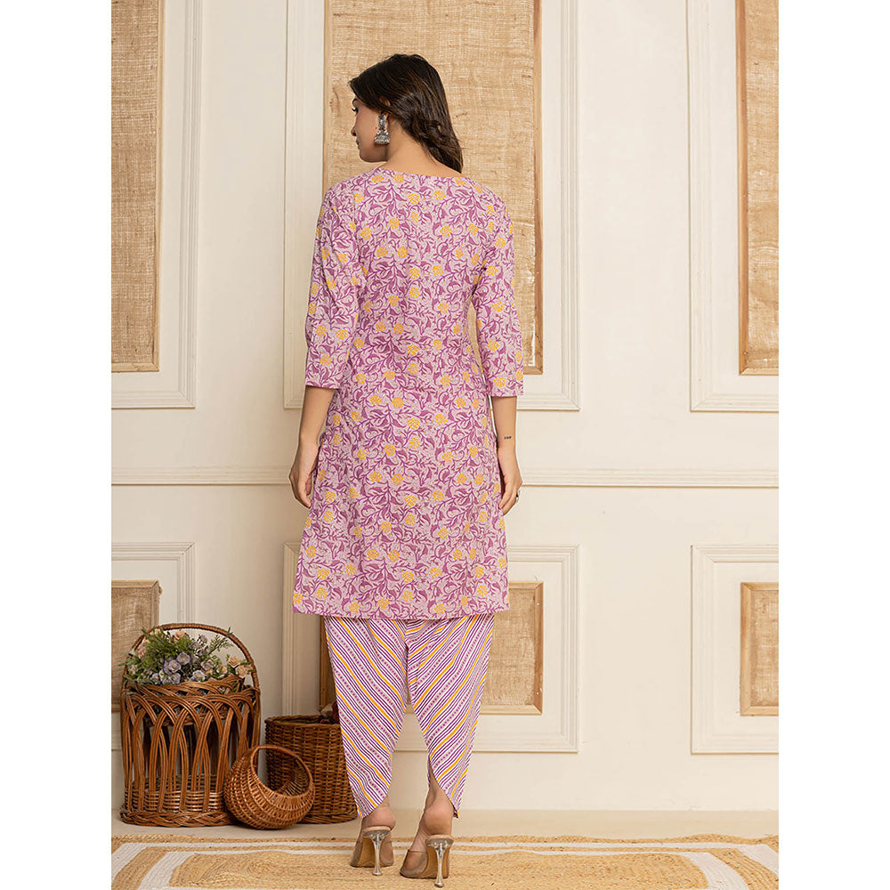 Yufta Lavender Floral Print Cotton Straight Style Kurta and Dhoti Pant with Dupatta (Set of 3)