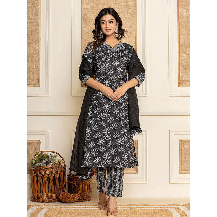 Yufta Black Floral Print Cotton Straight Kurta and Trouser with Dupatta (Set of 3)