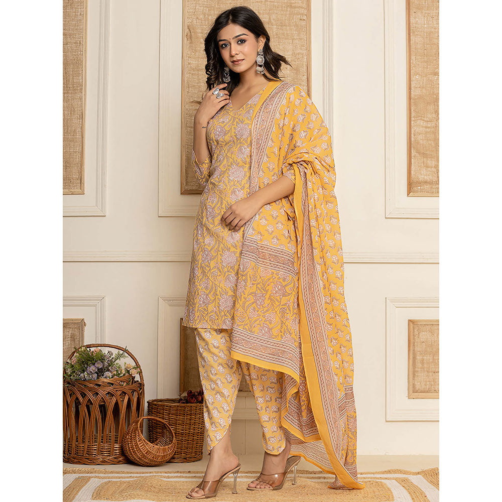 Yufta Yellow Floral Print Cotton Straight Style Kurta and Dhoti Pant with Dupatta (Set of 3)