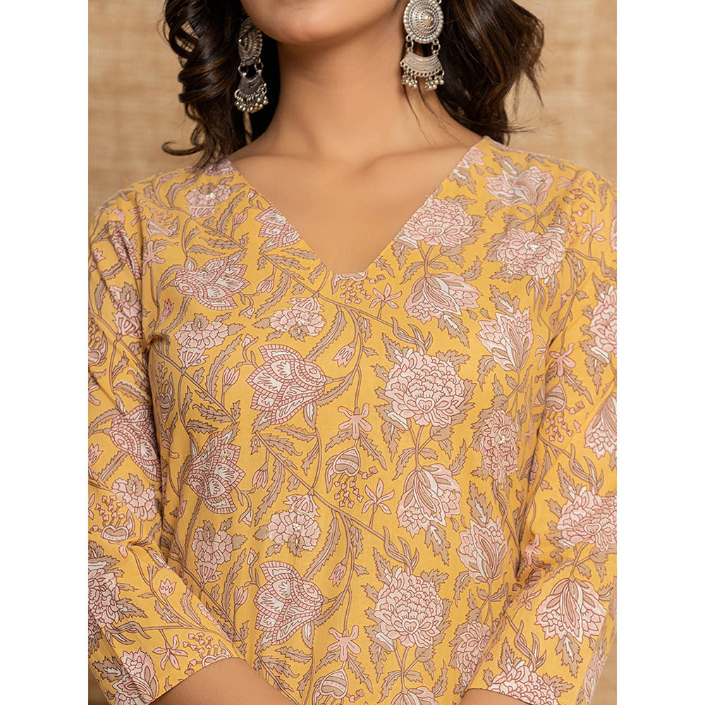 Yufta Yellow Floral Print Cotton Straight Style Kurta and Dhoti Pant with Dupatta (Set of 3)