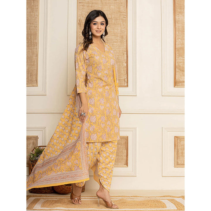 Yufta Yellow Floral Print Cotton Straight Style Kurta and Dhoti Pant with Dupatta (Set of 3)