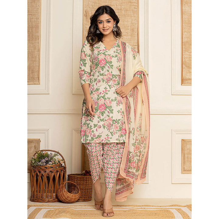 Yufta Cream Floral Print Cotton Straight Style Kurta and Dhoti Pant with Dupatta (Set of 3)