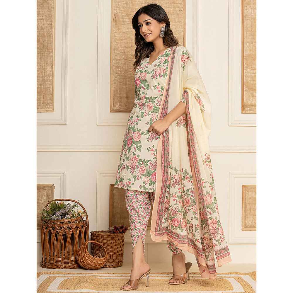 Yufta Cream Floral Print Cotton Straight Style Kurta and Dhoti Pant with Dupatta (Set of 3)