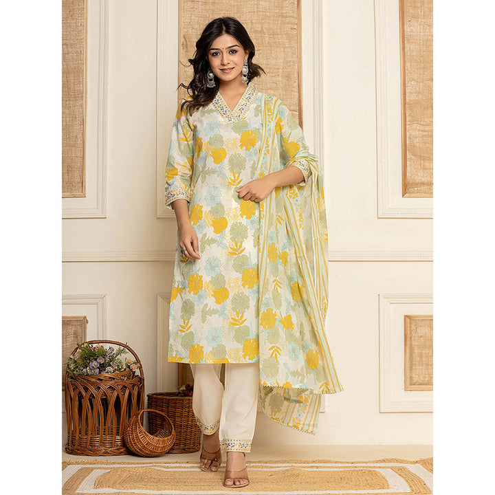 Yufta Cotton Yellow Kurta with Trouser and Dupatta (Set of 3)