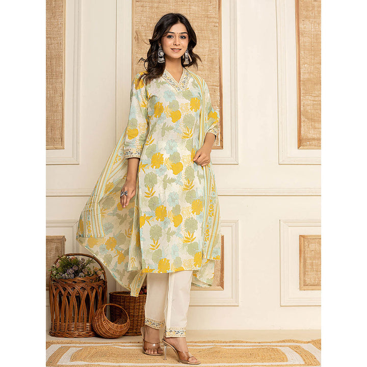 Yufta Cotton Yellow Kurta with Trouser and Dupatta (Set of 3)