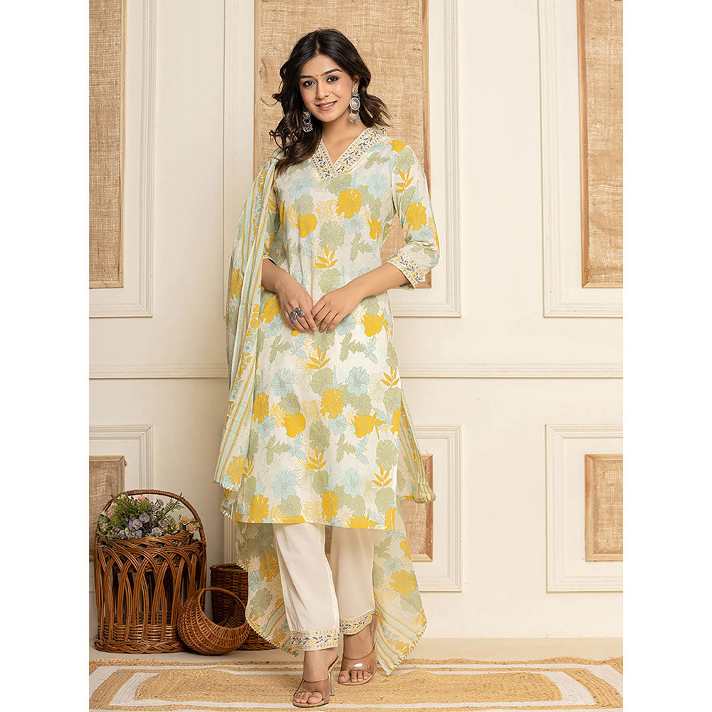 Yufta Cotton Yellow Kurta with Trouser and Dupatta (Set of 3)