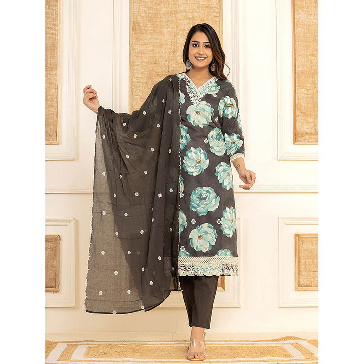 Yufta Black Floral Print Cotton Straight Side Slits Kurta and Trouser with Dupatta (Set of 3)