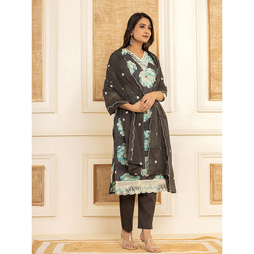 Yufta Black Floral Print Cotton Straight Side Slits Kurta and Trouser with Dupatta (Set of 3)