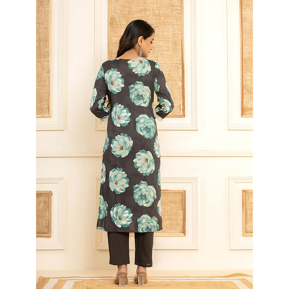 Yufta Black Floral Print Cotton Straight Side Slits Kurta and Trouser with Dupatta (Set of 3)