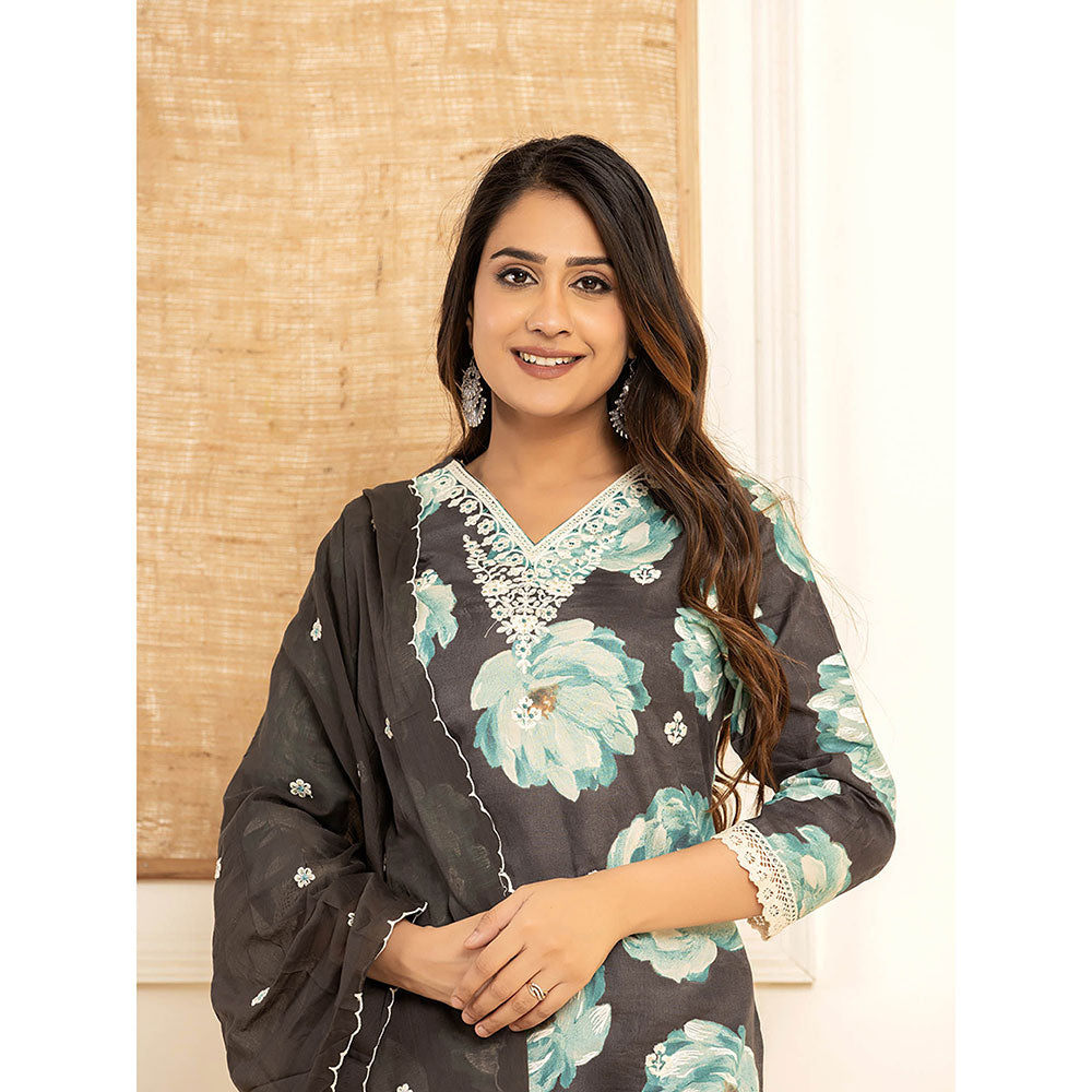 Yufta Black Floral Print Cotton Straight Side Slits Kurta and Trouser with Dupatta (Set of 3)