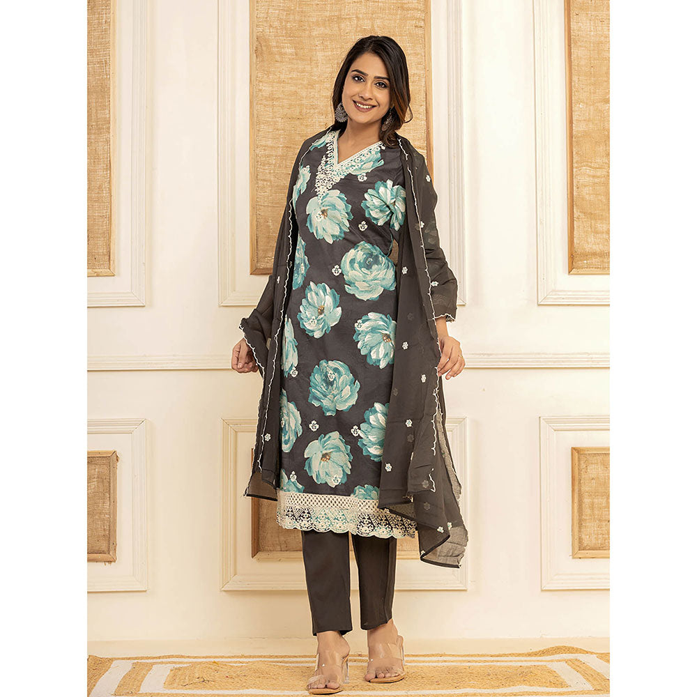 Yufta Black Floral Print Cotton Straight Side Slits Kurta and Trouser with Dupatta (Set of 3)