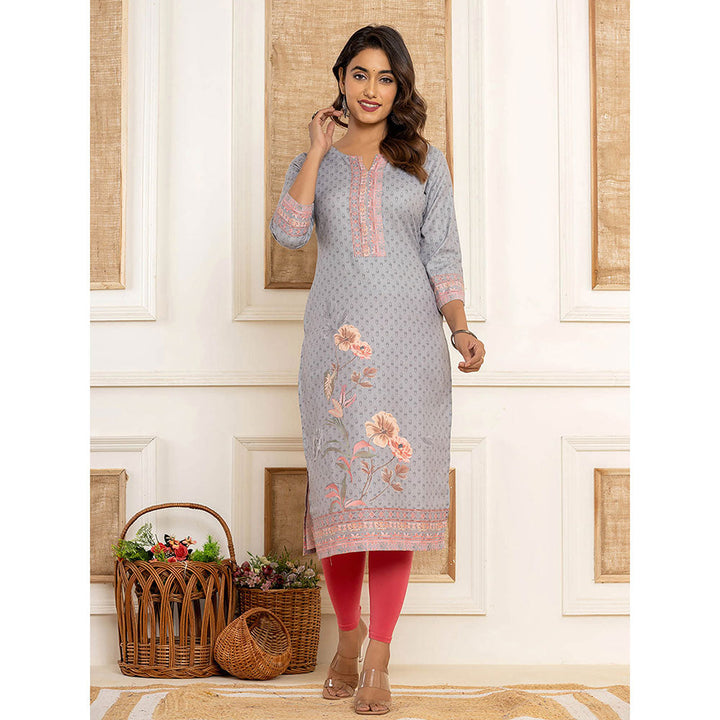 Yufta Grey Cotton Straight Kurta with Digital Print