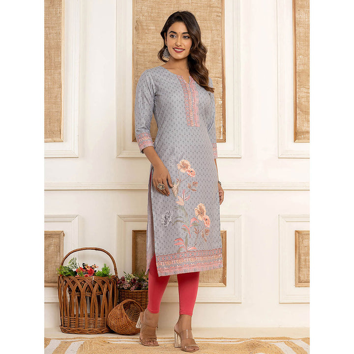 Yufta Grey Cotton Straight Kurta with Digital Print