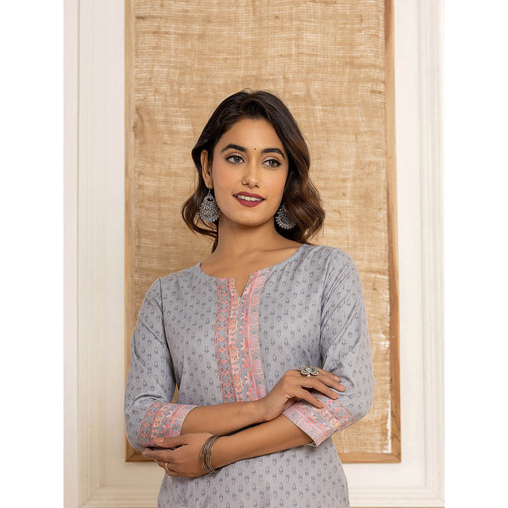 Yufta Grey Cotton Straight Kurta with Digital Print