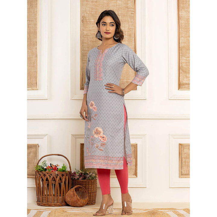 Yufta Grey Cotton Straight Kurta with Digital Print