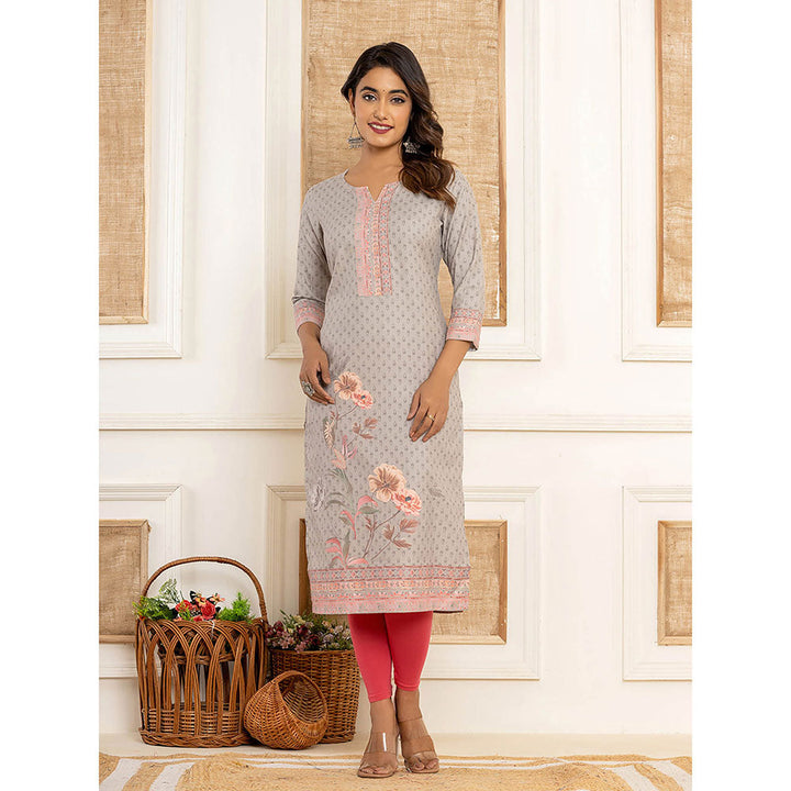 Yufta Beige Cotton Straight Kurta with Digital Print