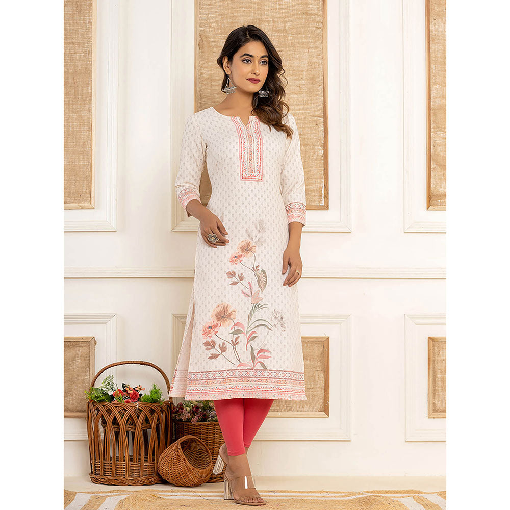 Yufta Cream Cotton Straight Kurta with Digital Print