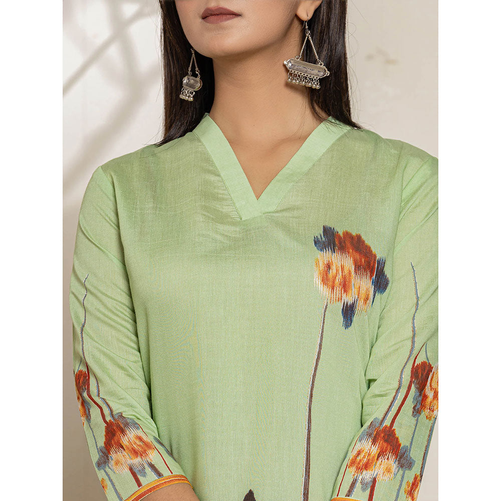 Yufta Green Silk Blend Digital Print Kurta