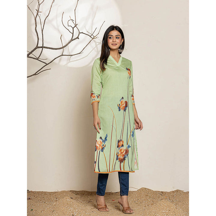 Yufta Green Silk Blend Digital Print Kurta