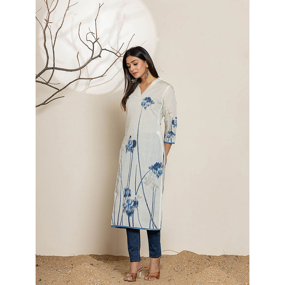 Yufta Off White Silk Blend Digital Print Kurta