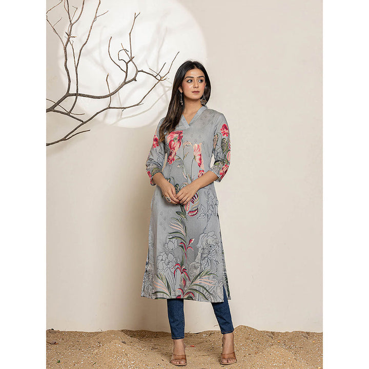 Yufta Grey Silk Blend Digital Floral Print Kurta